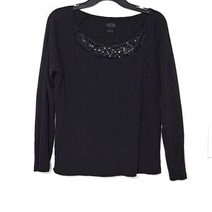 Beautiful Women's Large Talbots Black Sequined Design Long Sleeve Knit Top
